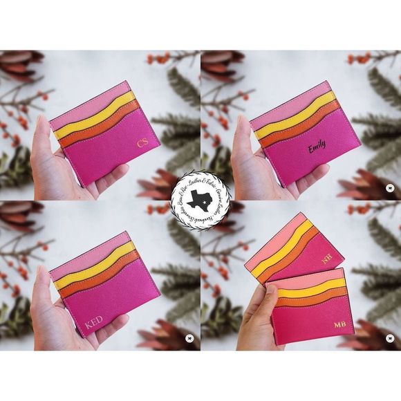 Personalized Monogram Credit Card Holder Hot Pink Yellow Orange Saffiano Leather - Picture 1 of 5